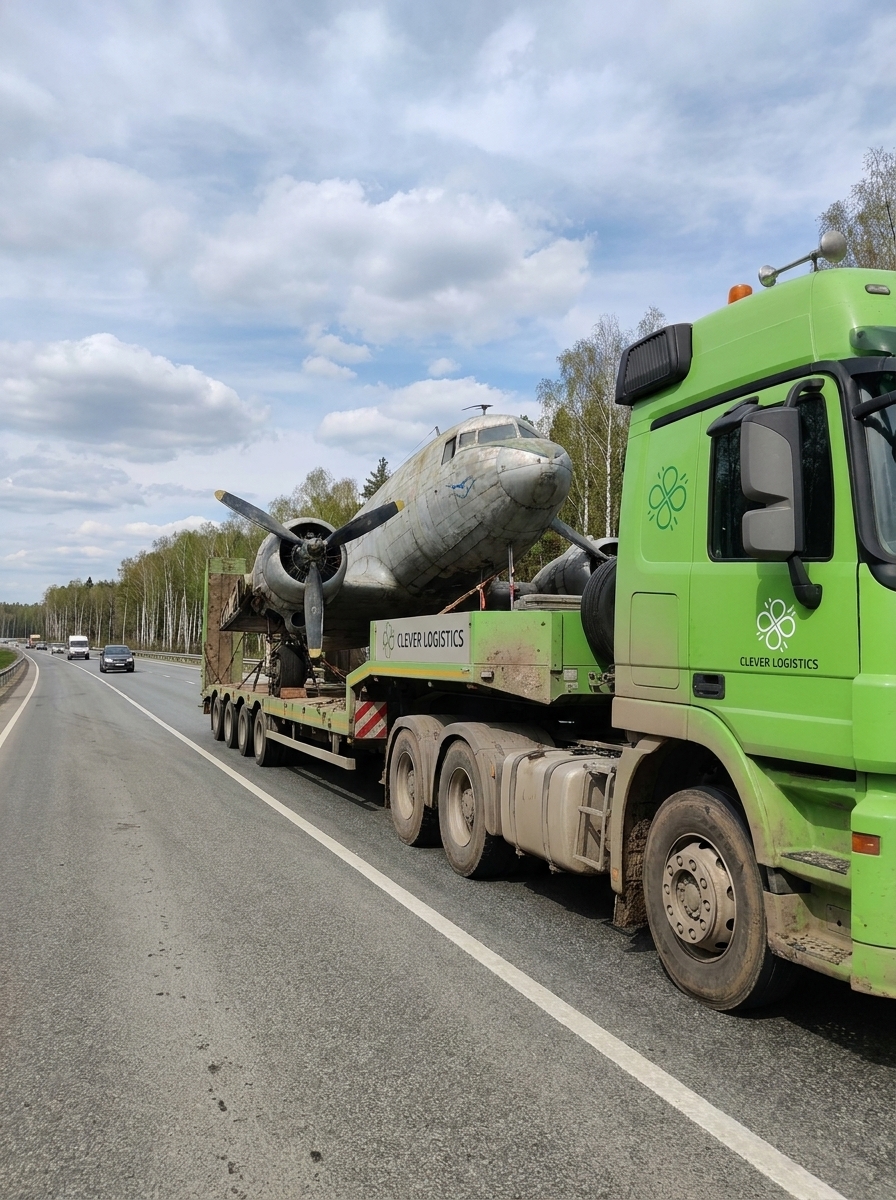 Грузовик Clever Logistics перевозит старый винтовой самолёт по трассе среди деревьев.