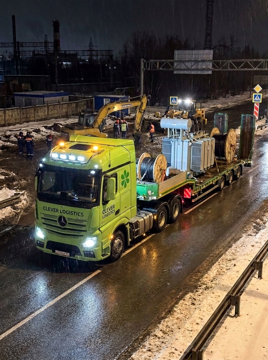 Грузовик MAN Clever Logistics перевозит крупный электрический трансформатор по территории завода.