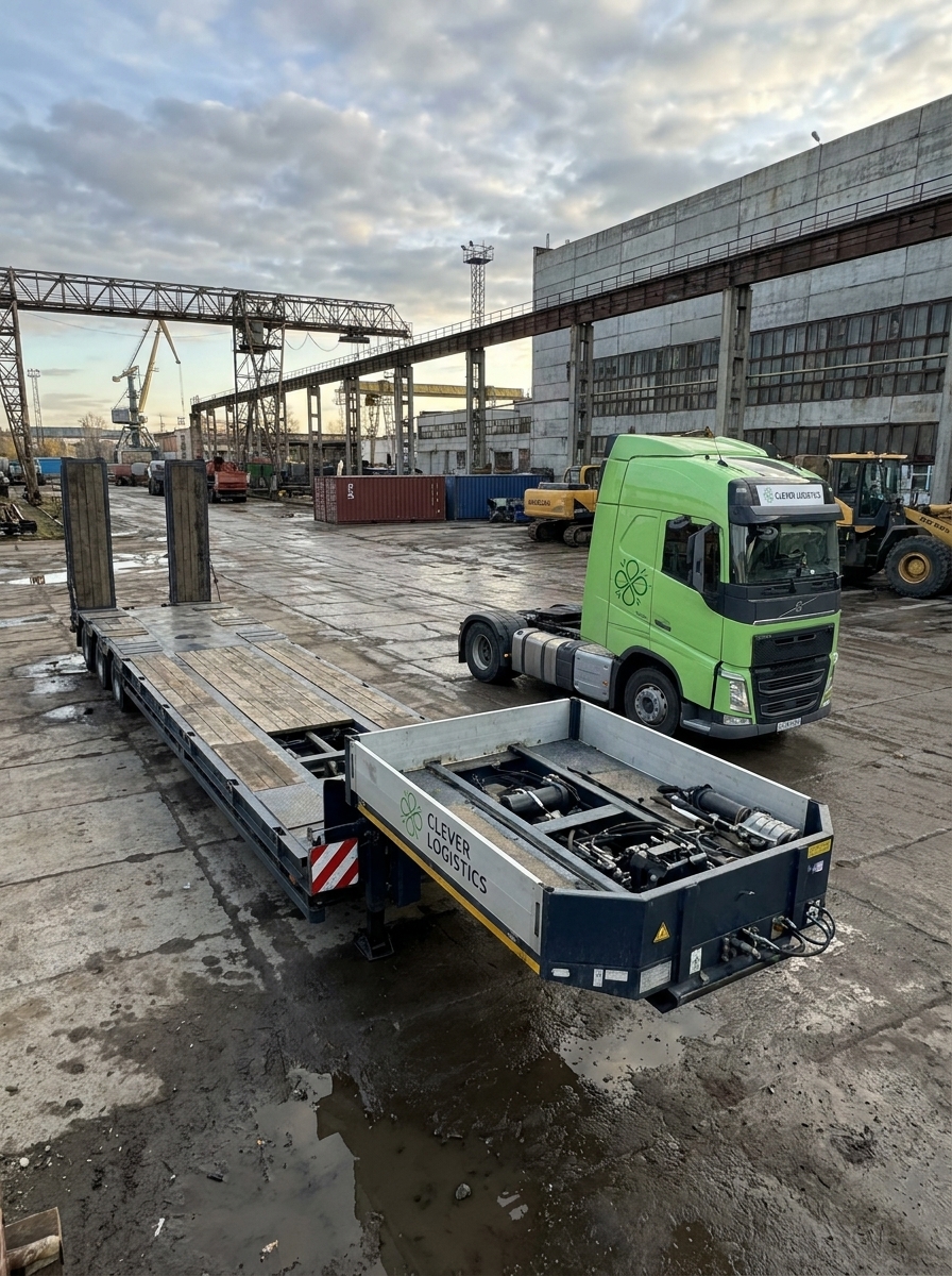 Volvo Clever Logistics стоит на промышленной площадке рядом с пустой платформой для крупногабаритных грузов.