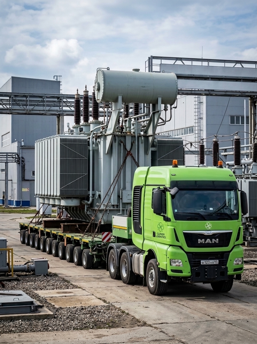 Грузовик MAN Clever Logistics перевозит крупный электрический трансформатор по территории завода.