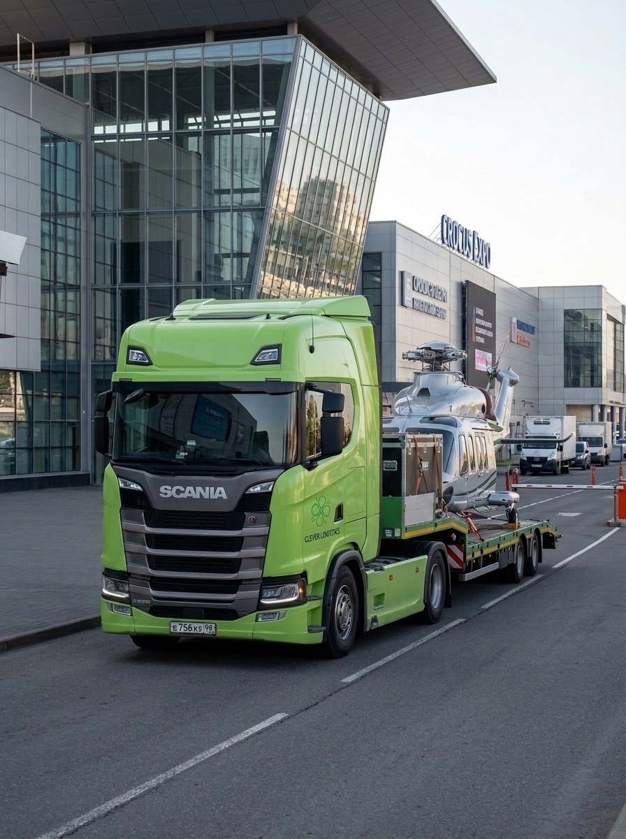 Грузовик Scania Clever Logistics перевозит серебристый вертолёт к выставочному центру Crocus Expo, рабочие направляют транспортировку.