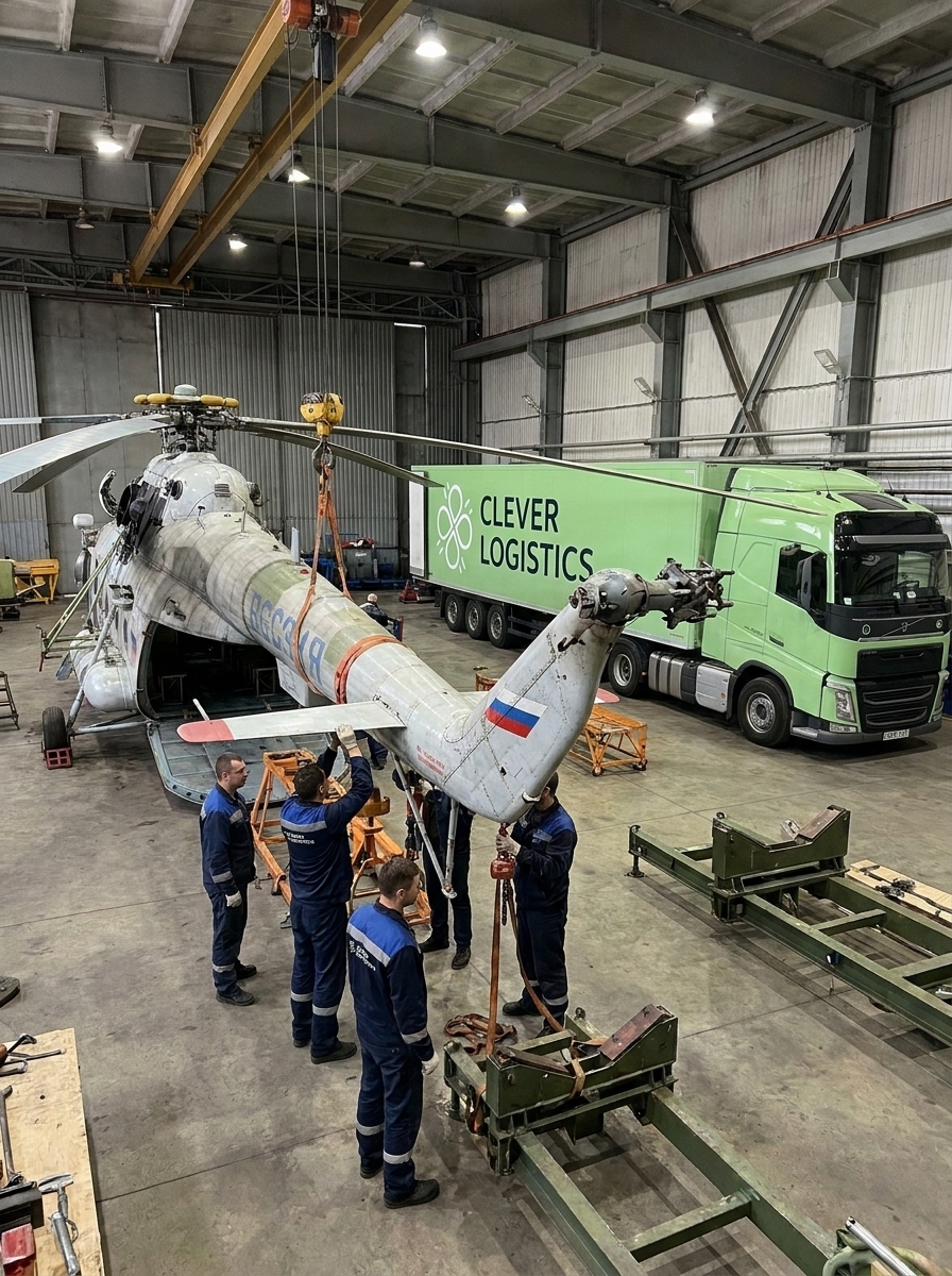 Рабочие в ангаре ремонтируют вертолёт Ми-8 рядом с грузовиком Clever Logistics.