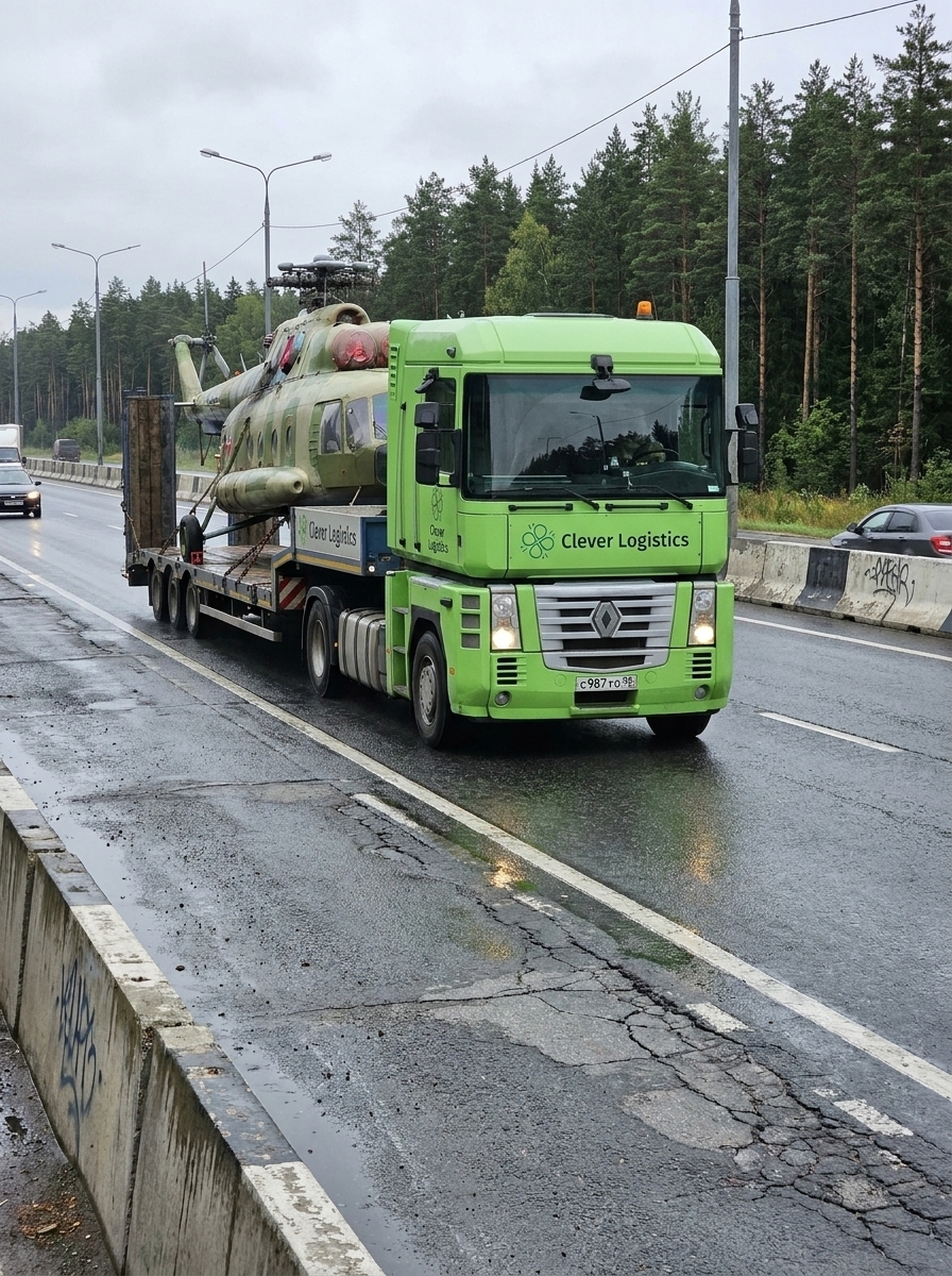 Renault Clever Logistics везёт зелёный вертолёт Ми-8 по мокрой трассе среди леса.