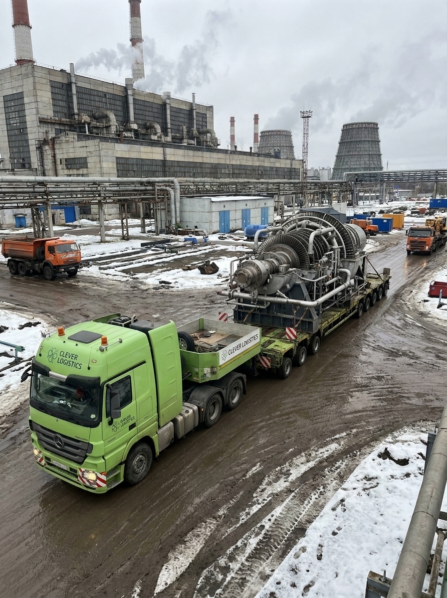 Mercedes-Benz Clever Logistics перевозит крупную турбину по территории электростанции зимой.