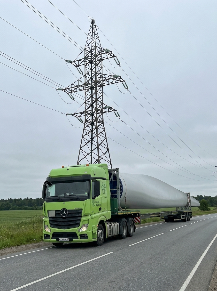 Грузовик Mercedes-Benz Clever Logistics доставляет лопасть ветрогенератора по загородной трассе под линиями электропередачи.