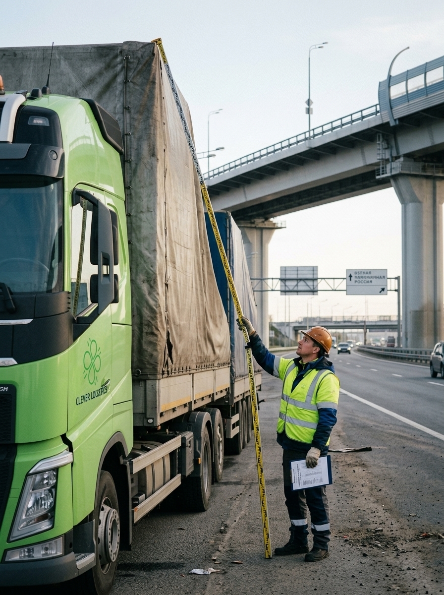 Инспектор Clever Logistics измеряет высоту груза на зелёном грузовике Volvo под эстакадой.