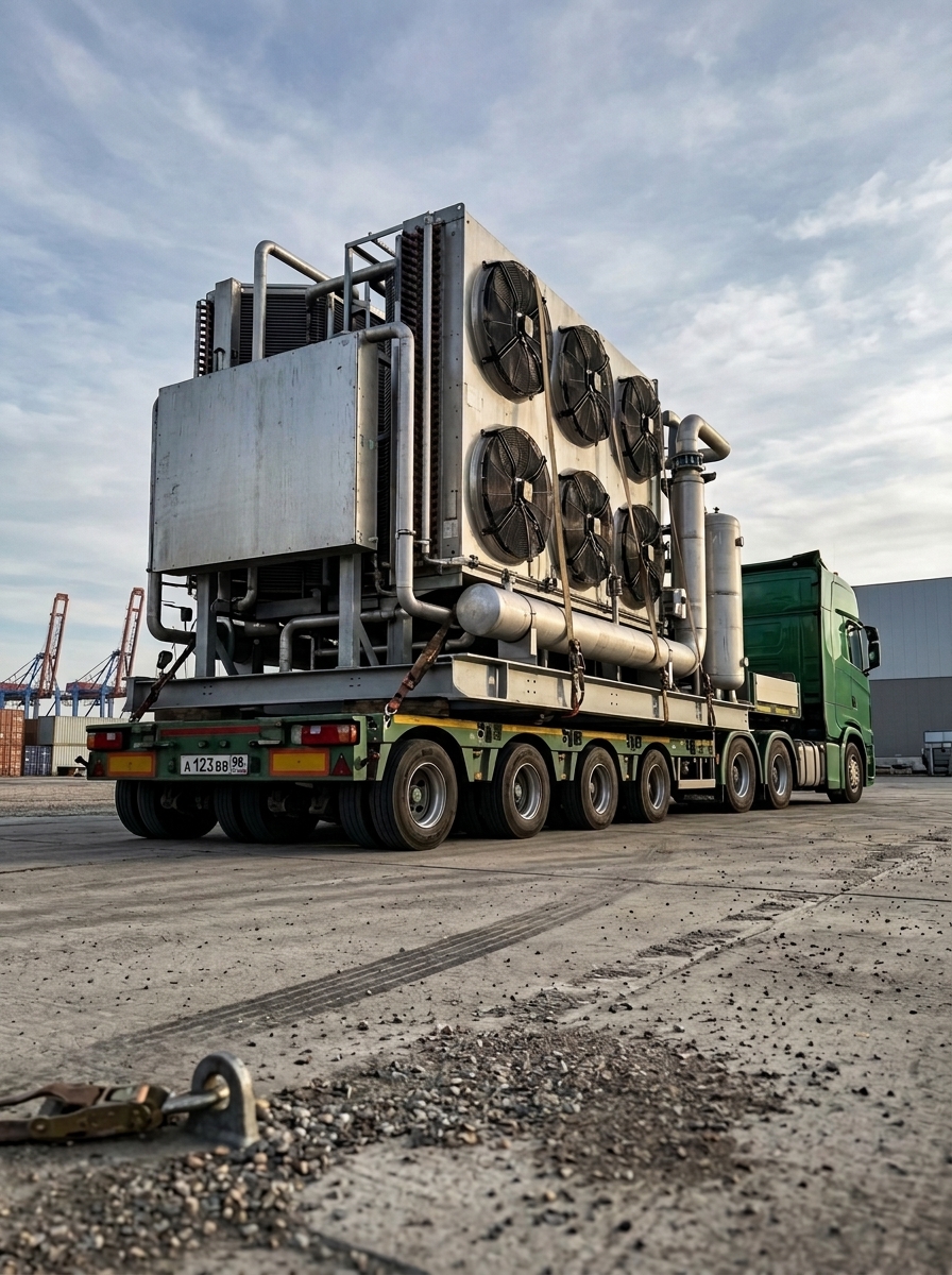 Грузовик Clever Logistics перевозит массивный теплообменник с вентиляторами на платформе в промышленной зоне.