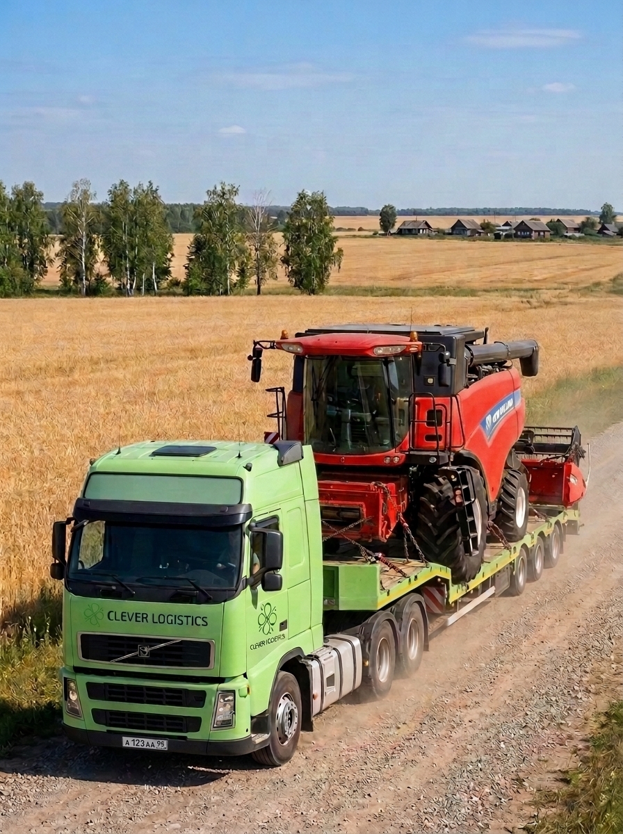 Volvo Clever Logistics доставляет красный комбайн New Holland по сельской дороге среди полей.