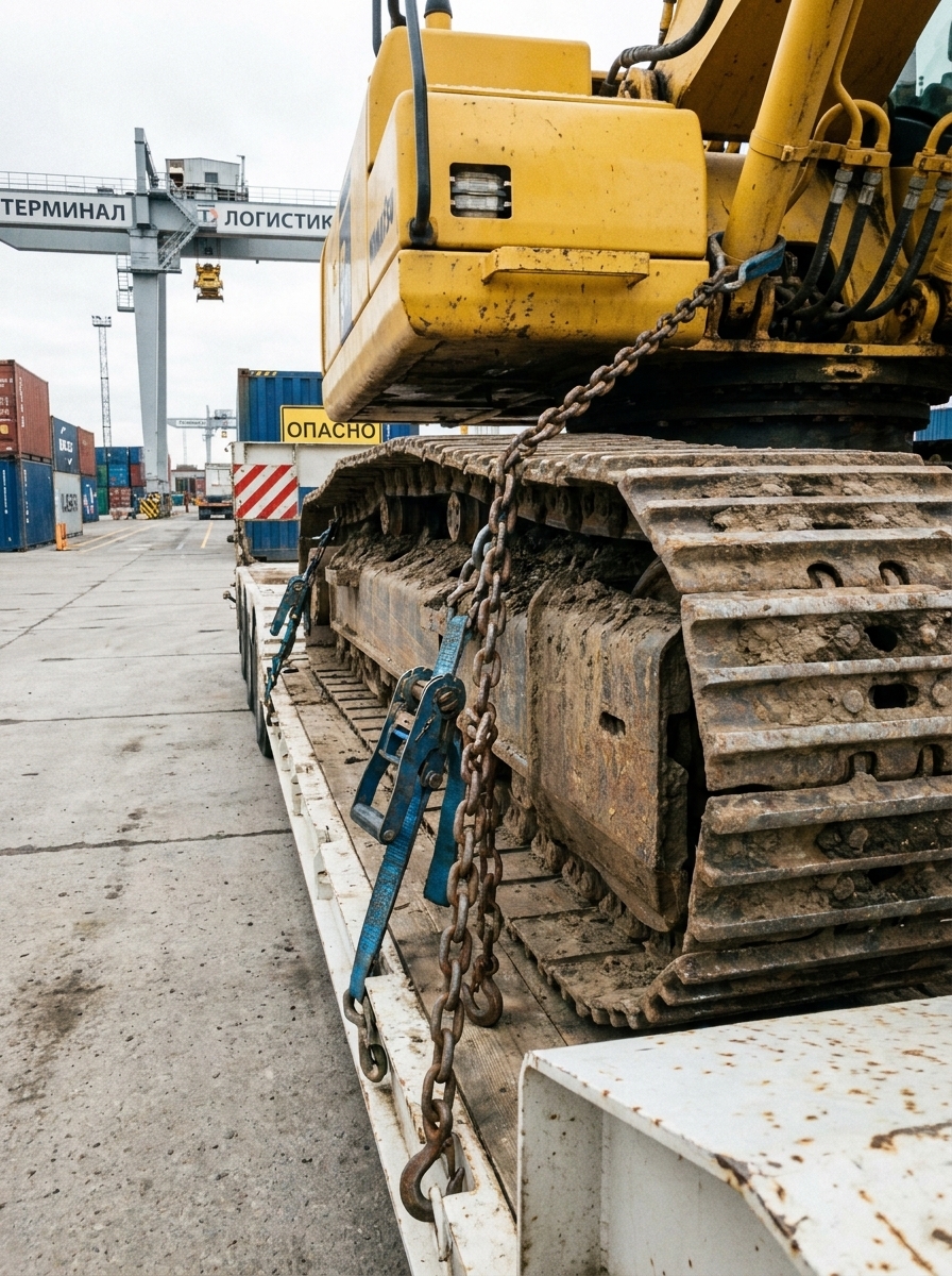 Желтый экскаватор с грязными гусеницами закреплён цепями на платформе в логистическом терминале.
