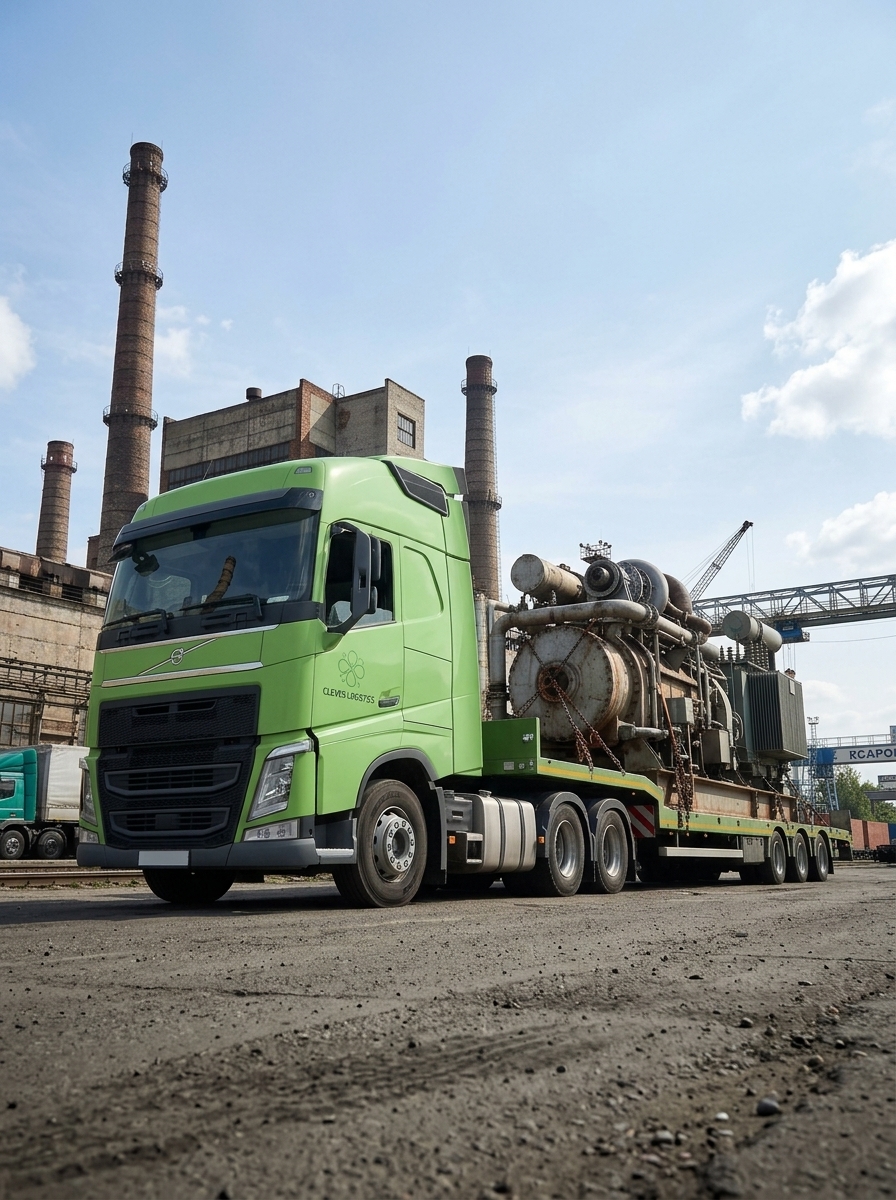 Грузовик Volvo с тяжёлым промышленным оборудованием на фоне заводских труб.