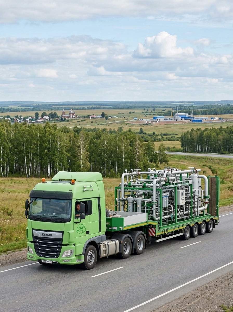 Зелёный грузовик DAF Clever Logistics перевозит сложное оборудование с трубами и клапанами по сельской дороге.