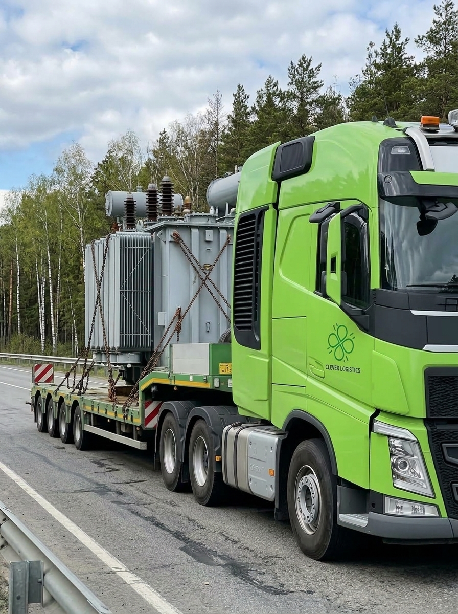 Зелёный грузовик Clever Logistics перевозит большой электрический трансформатор по шоссе.